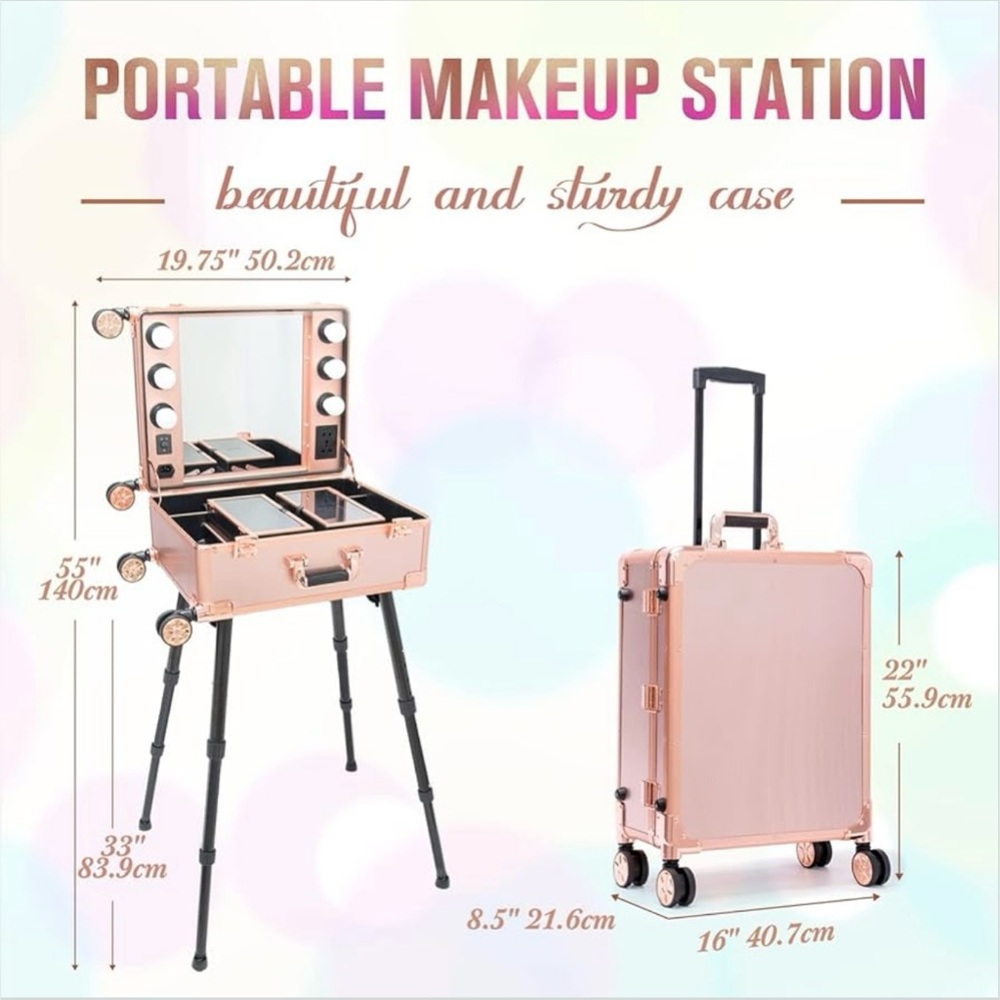 Rose Gold Portable Makeup Case with Lights and Telescopic Handle